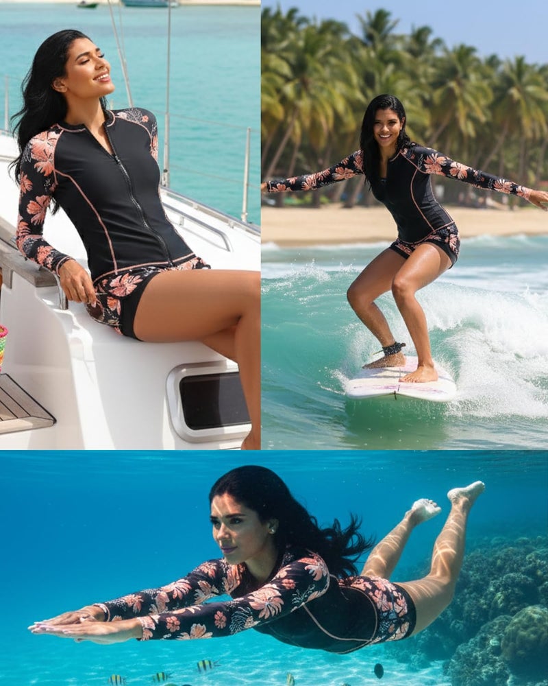 Daci Black Floral 3 Piece Rash Guard for Women - Long Sleeve Swimsuits with Shorts SPF Zip up Swim Shirt with Built in Bra XXL - Image 5