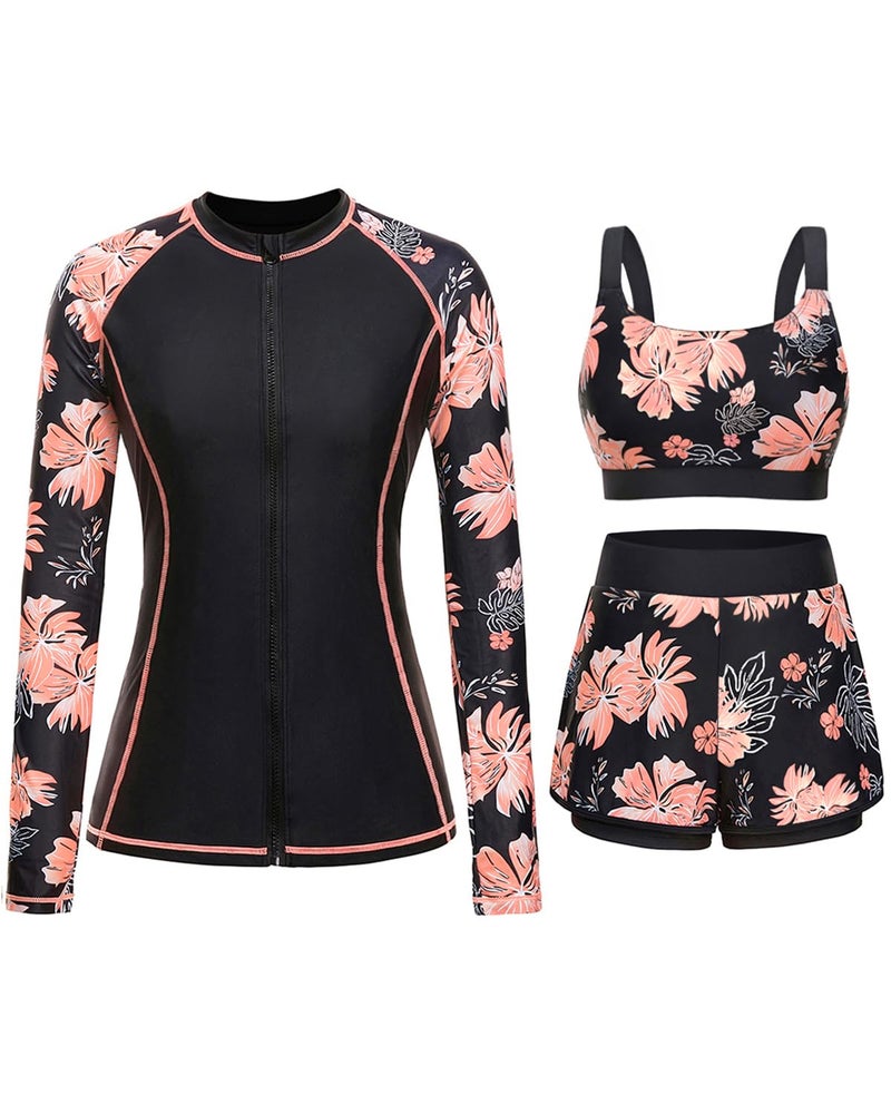 Daci Black Floral 3 Piece Rash Guard for Women - Long Sleeve Swimsuits with Shorts SPF Zip up Swim Shirt with Built in Bra XXL - Image 1