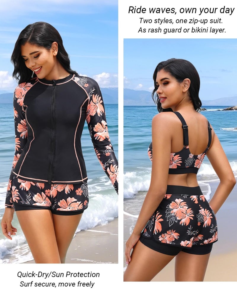 Daci Black Floral 3 Piece Rash Guard for Women - Long Sleeve Swimsuits with Shorts SPF Zip up Swim Shirt with Built in Bra XXL - Image 2