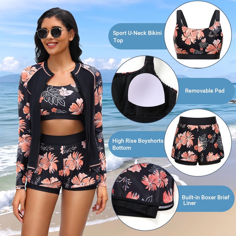 Daci Black Floral 3 Piece Rash Guard for Women - Long Sleeve Swimsuits with Shorts SPF Zip up Swim Shirt with Built in Bra XXL - Image 4