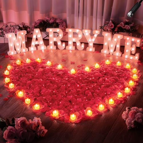 Hortsun Marry Me Light up Letters Proposal Decorations Will You Marry Me Sign Rose Petals 24 LED Candles Romantic Night Light for Proposal Engagement Wedding Anniversary Valentine's Day(Pink)