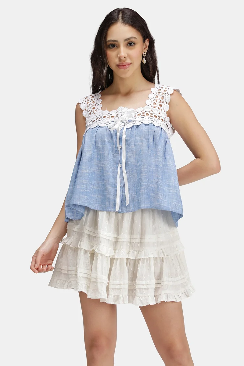 Virgio Solid Cotton Lace Neck Baby Doll Top for Women