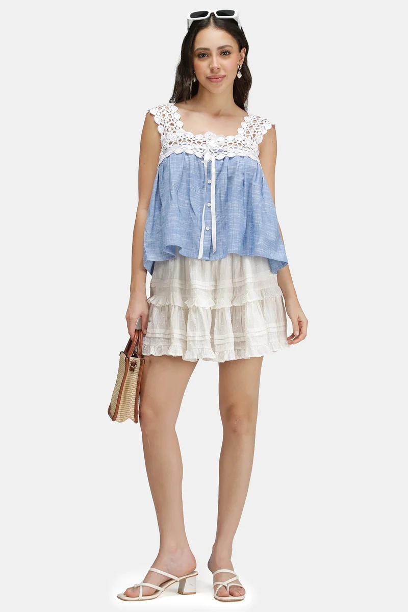 Virgio Solid Cotton Lace Neck Baby Doll Top for Women