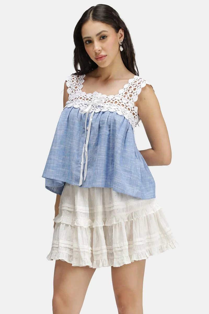 Virgio  Solid Cotton Lace Neck Baby Doll Top for Women for Women | Best Price UAE
