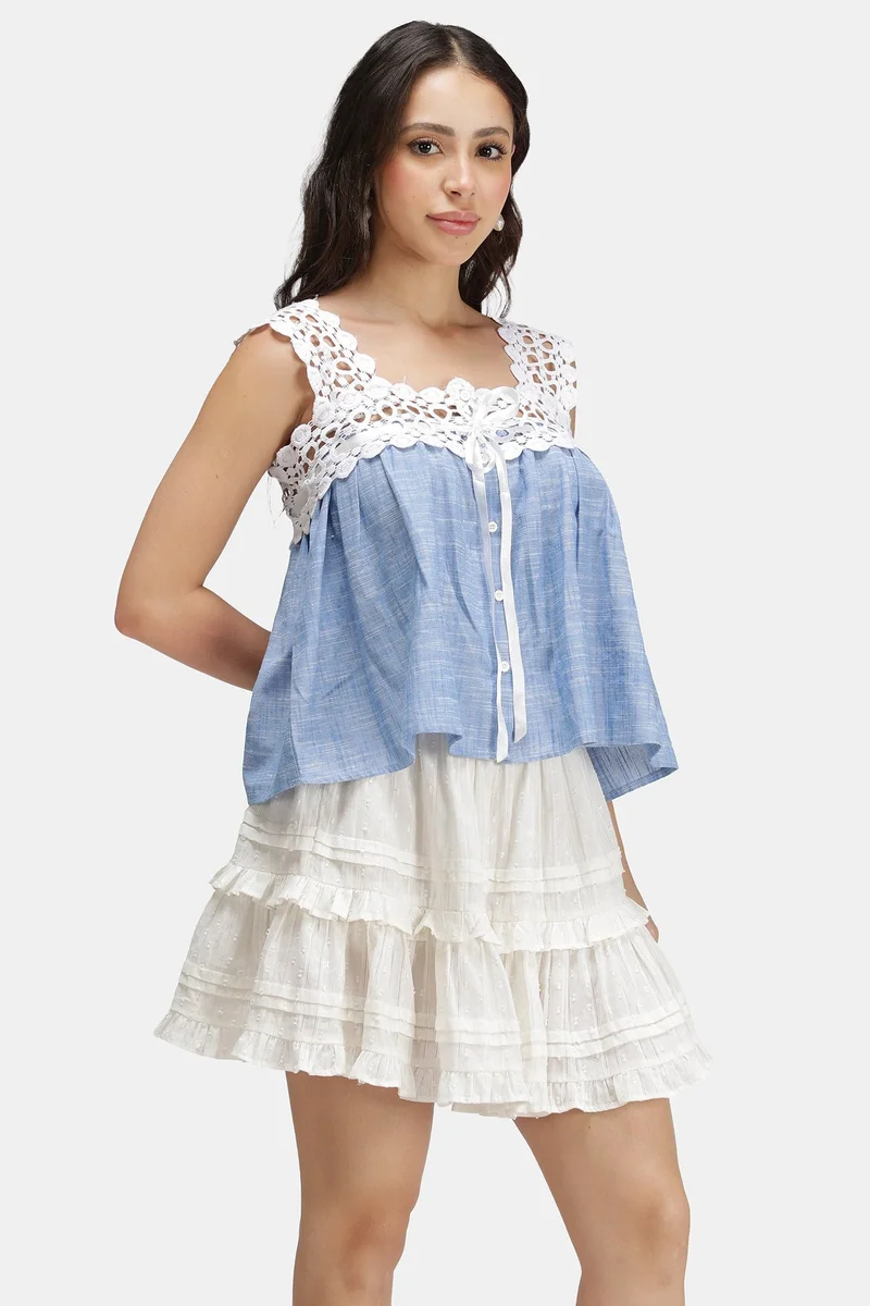 Virgio  Solid Cotton Lace Neck Baby Doll Top for Women for Women | Best Price UAE