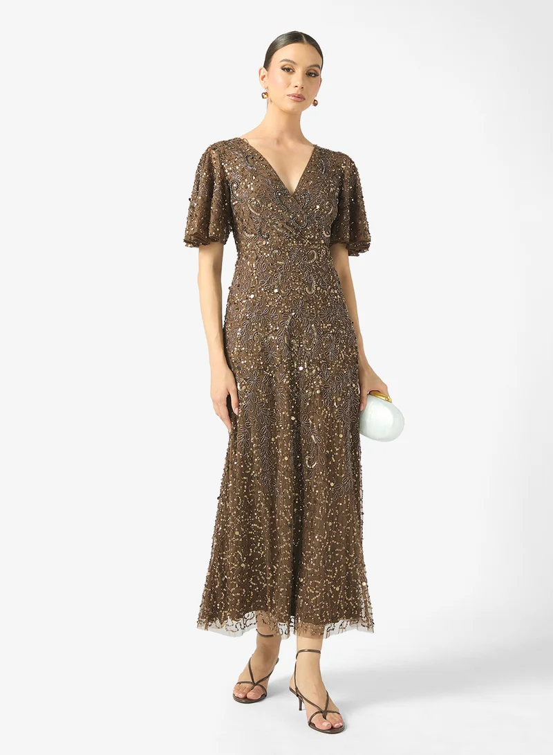 BEAUUT Noori Embellished V Neck Sequin Maxi Dress