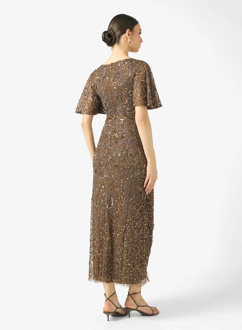 BEAUUT Noori Embellished V Neck Sequin Maxi Dress