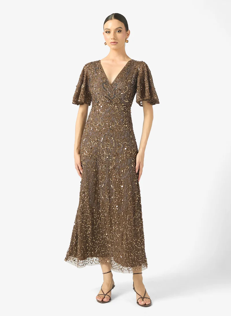 BEAUUT Noori Embellished V Neck Sequin Maxi Dress