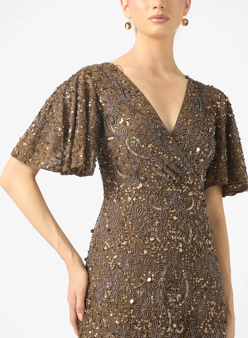 BEAUUT Noori Embellished V Neck Sequin Maxi Dress