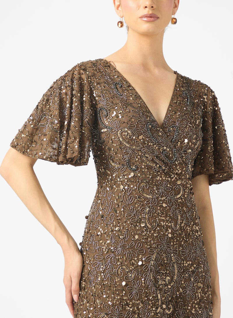 BEAUUT Noori Embellished V Neck Sequin Maxi Dress - Image 3