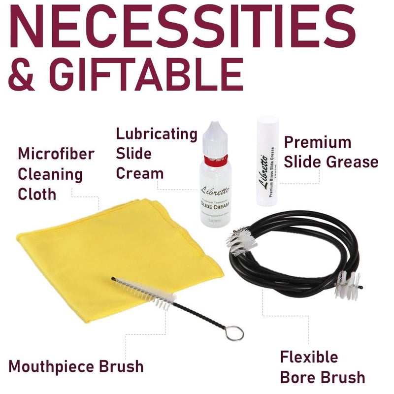 Libretto Trombone All-Inclusive Care Kit: Flexible Bore Brush + Mouthpiece Brush + Slide Oil+ Microfiber Cleaning Cloth + Slide Grease, w/Handy Case, Time to Clean & Extend Life of Your Trombone! - Image 2