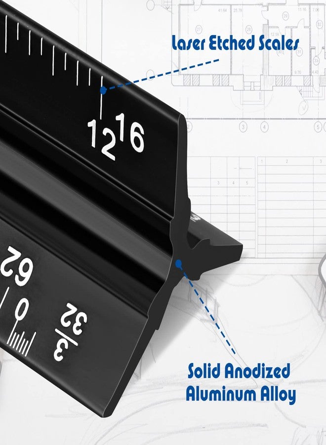 Macarrie 10 Pcs Architectural Scale Triangular Ruler 12" Architect Engineers Scale Ruler Set Aluminum Metal Ruler with Imperial Measurements for Architect Student Draftsman Engineer (Black) - Image 4