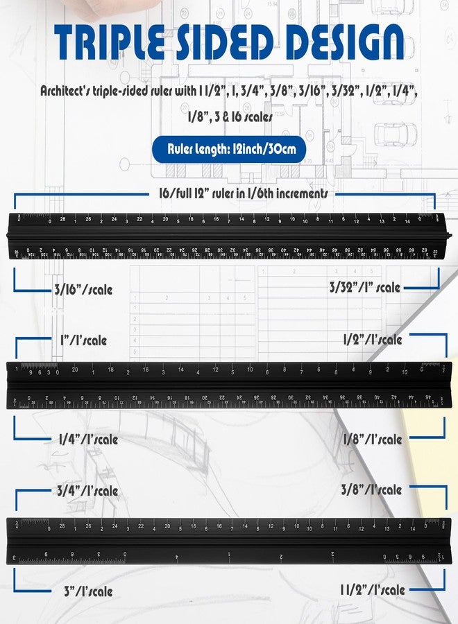 Macarrie 10 Pcs Architectural Scale Triangular Ruler 12" Architect Engineers Scale Ruler Set Aluminum Metal Ruler with Imperial Measurements for Architect Student Draftsman Engineer (Black) - Image 3