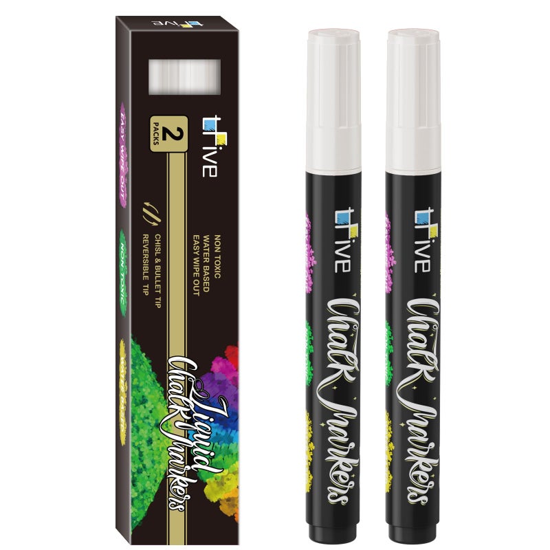TFIVE White Liquid Chalk Markers 2 Pack Bright Colors Erasable Chalk Marker Pens Reversible Tip NonToxic for Chalkboards Signs Glass Easy to use Chalk markers TF800