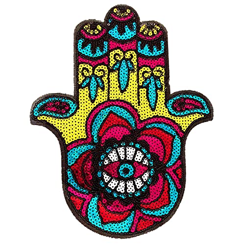 LOCOMO Large Hamsa Eye Hand of Fatima Sequin Iron On Patch Sew On Patch Sparkling Coloful DIY Applique Motif for Kid Adult Clothing Jacket Backpack Decoration - Image 1
