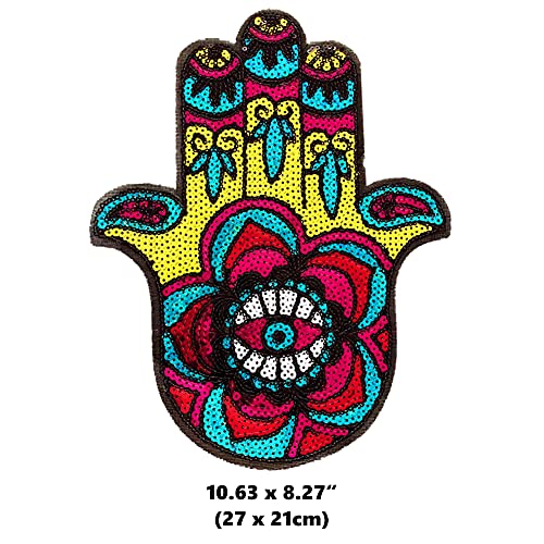 LOCOMO Large Hamsa Eye Hand of Fatima Sequin Iron On Patch Sew On Patch Sparkling Coloful DIY Applique Motif for Kid Adult Clothing Jacket Backpack Decoration - Image 2