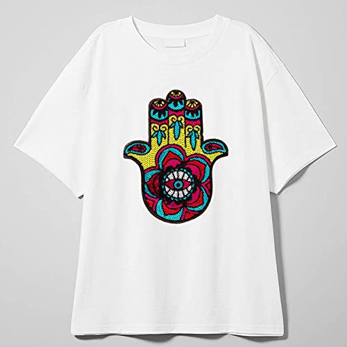 LOCOMO Large Hamsa Eye Hand of Fatima Sequin Iron On Patch Sew On Patch Sparkling Coloful DIY Applique Motif for Kid Adult Clothing Jacket Backpack Decoration - Image 3