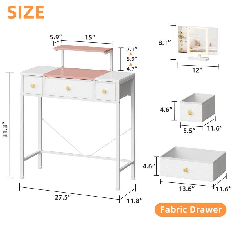 HIGDBFE Small Makeup Vanity Desk 27.5''W with Mirror and Lights, Vanity Desk with 3 Fabric Drawers and Height-Adjustable Stand, Vanity Table for Girls Gifts, Bedroom and Small Spaces, White&Pink - Image 5