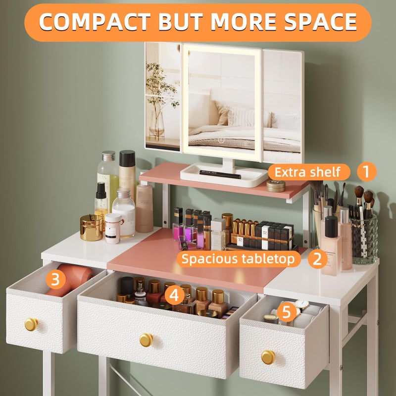 HIGDBFE Small Makeup Vanity Desk 27.5''W with Mirror and Lights, Vanity Desk with 3 Fabric Drawers and Height-Adjustable Stand, Vanity Table for Girls Gifts, Bedroom and Small Spaces, White&Pink - Image 4