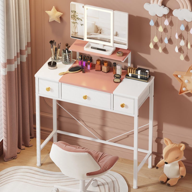HIGDBFE Small Makeup Vanity Desk 27.5''W with Mirror and Lights, Vanity Desk with 3 Fabric Drawers and Height-Adjustable Stand, Vanity Table for Girls Gifts, Bedroom and Small Spaces, White&Pink - Image 1