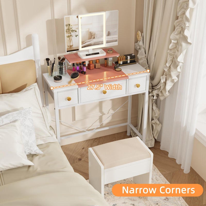 HIGDBFE Small Makeup Vanity Desk 27.5''W with Mirror and Lights, Vanity Desk with 3 Fabric Drawers and Height-Adjustable Stand, Vanity Table for Girls Gifts, Bedroom and Small Spaces, White&Pink - Image 2