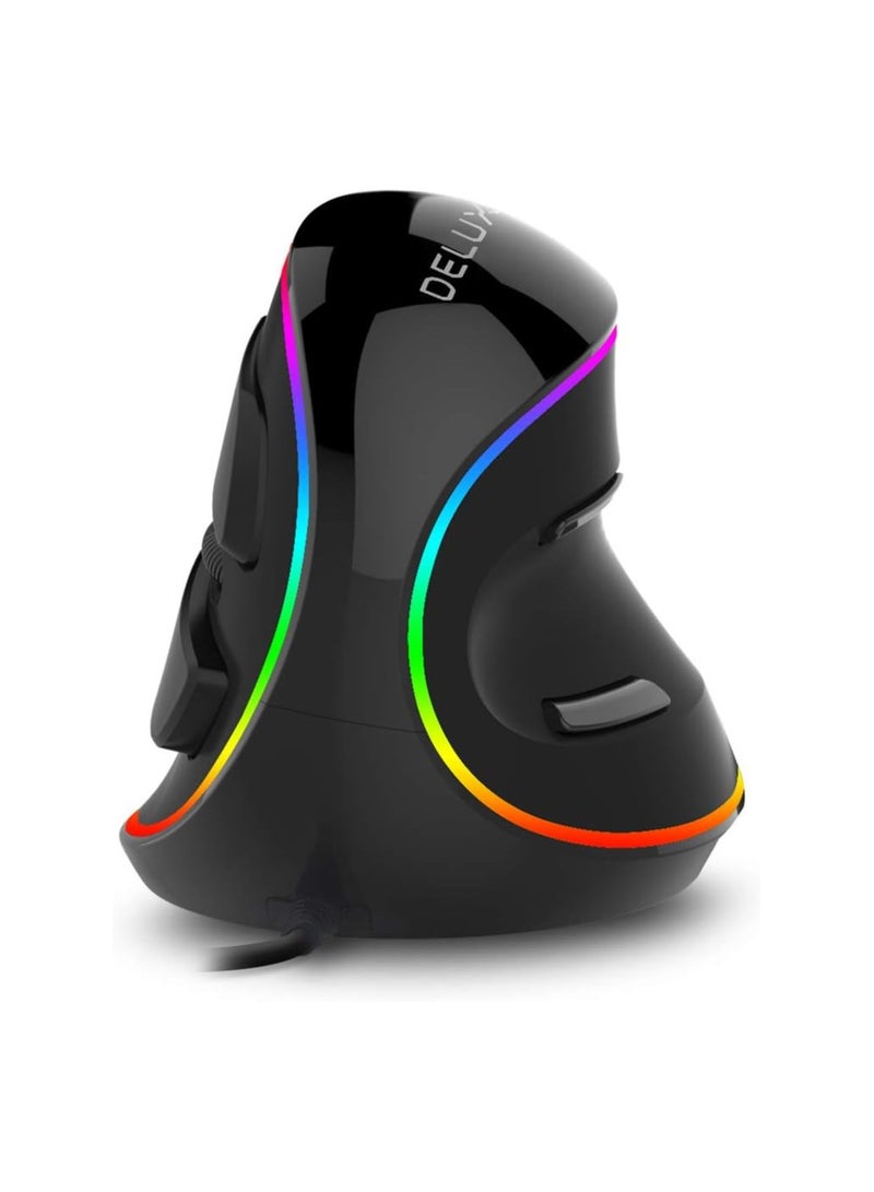 ديلوكس ماوس DeLUX المريح، ماوس سلكي كبير RGB عمودي مع 6 أزرار، 4000 نقطة في البوصة، مسند معصم قابل للإزالة لنفق الرسغ (M618Plus RGB-Wired)  - Image 1