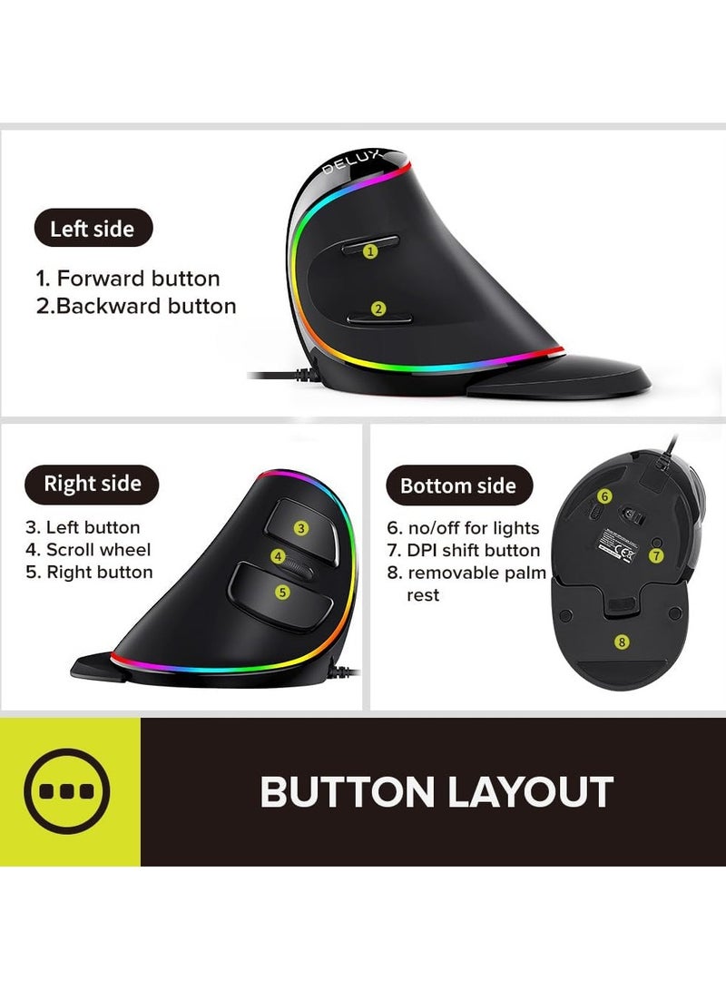 ديلوكس ماوس DeLUX المريح، ماوس سلكي كبير RGB عمودي مع 6 أزرار، 4000 نقطة في البوصة، مسند معصم قابل للإزالة لنفق الرسغ (M618Plus RGB-Wired)  - Image 3