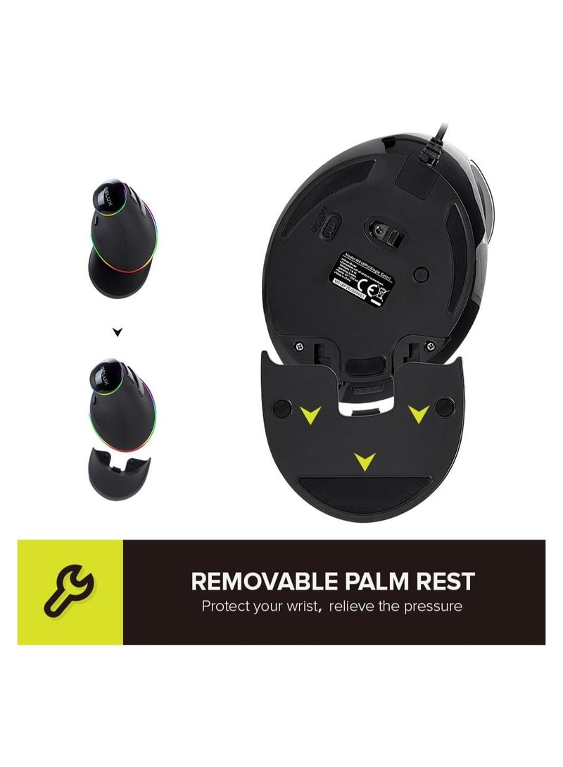 ديلوكس ماوس DeLUX المريح، ماوس سلكي كبير RGB عمودي مع 6 أزرار، 4000 نقطة في البوصة، مسند معصم قابل للإزالة لنفق الرسغ (M618Plus RGB-Wired)  - Image 5