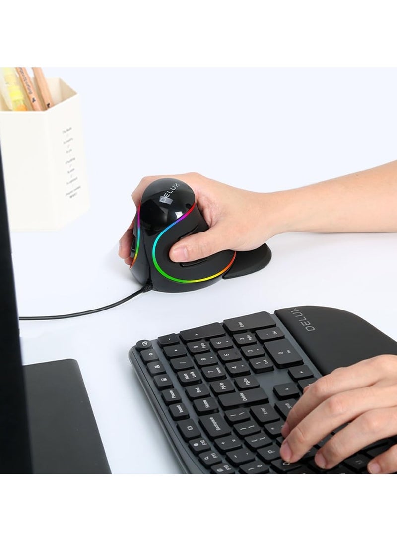 ديلوكس ماوس DeLUX المريح، ماوس سلكي كبير RGB عمودي مع 6 أزرار، 4000 نقطة في البوصة، مسند معصم قابل للإزالة لنفق الرسغ (M618Plus RGB-Wired)  - Image 2