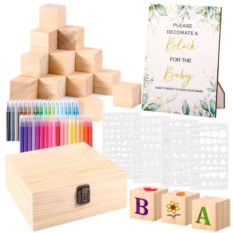 Draupnir 92 Pcs Fun Baby Shower Games Sign Kit Babies Coloring Blocks for Baby Shower Wooden DIY Blank Blocks Freehand Painting with 36 Paint Markers - Image 3
