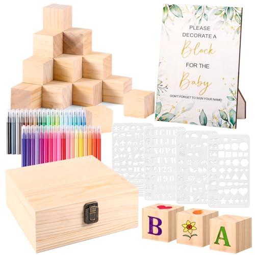 Draupnir 92 Pcs Fun Baby Shower Games Sign Kit Babies Coloring Blocks for Baby Shower Wooden DIY Blank Blocks Freehand Painting with 36 Paint Markers - Image 1