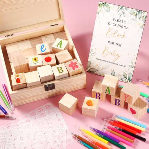 Draupnir 92 Pcs Fun Baby Shower Games Sign Kit Babies Coloring Blocks for Baby Shower Wooden DIY Blank Blocks Freehand Painting with 36 Paint Markers - Image 5