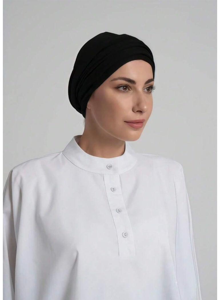 2PC النساء الحجاب اللون الصلب ، والأساليب القابلة للتعديل ، تمدد حزام الرأس ، نسيج القطن الناعم القابل للتنفس مريح للحجاب اليومي (الأسود + الخاكي) - Image 4