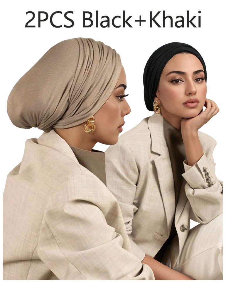2PC النساء الحجاب اللون الصلب ، والأساليب القابلة للتعديل ، تمدد حزام الرأس ، نسيج القطن الناعم القابل للتنفس مريح للحجاب اليومي (الأسود + الخاكي) - Image 1