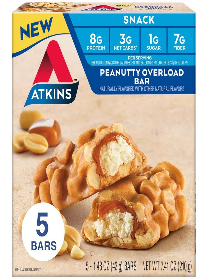 Atkins Peanutty Overload Snack Bar, Protein Snack, High in Fiber, 2g Sugar, 5 Count - Image 1