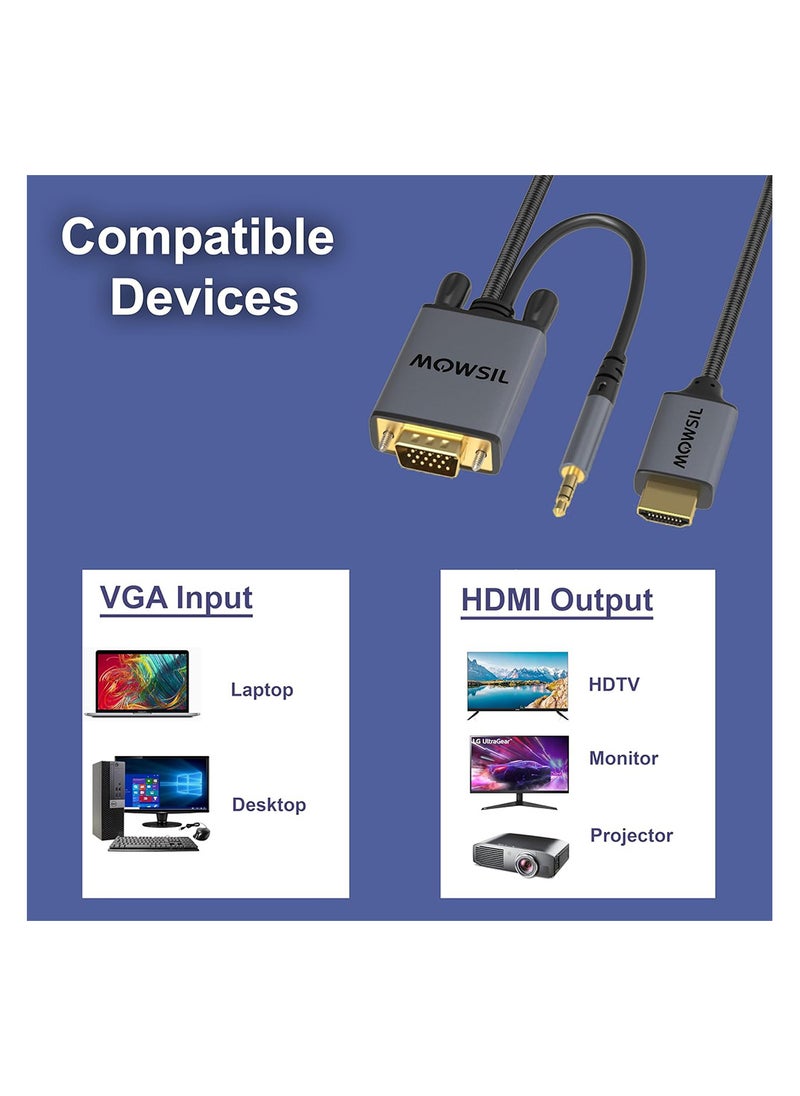 MOWSIL VGA to HDMI Cable 2Mtr with Audio, 1080P HD VGA to HDMI Adapter Cable, VGA Male to HDMI Male Cord for VGA Computer/Laptop to HDMI Monitor/TV  - Image 5