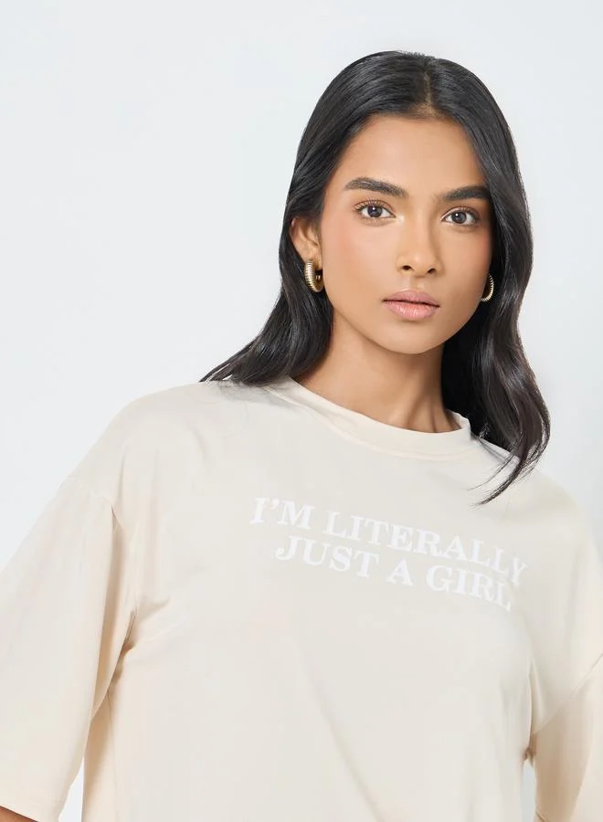 Take Two Take Two Cream Slogan Print Oversized T-Shirt