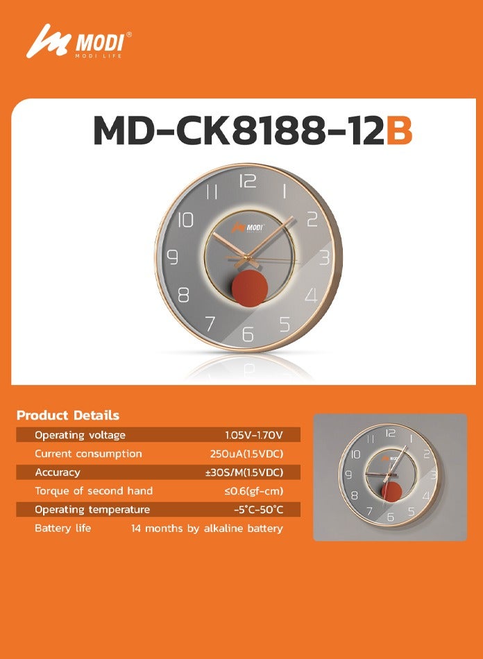 مودي ساعة حائط دائرية صامتة 12 بوصة – تصميم زجاجي منحني ثلاثي الأبعاد، تعمل بالبطارية، إطار فضي أنيق للمنزل والمكتب - Image 5