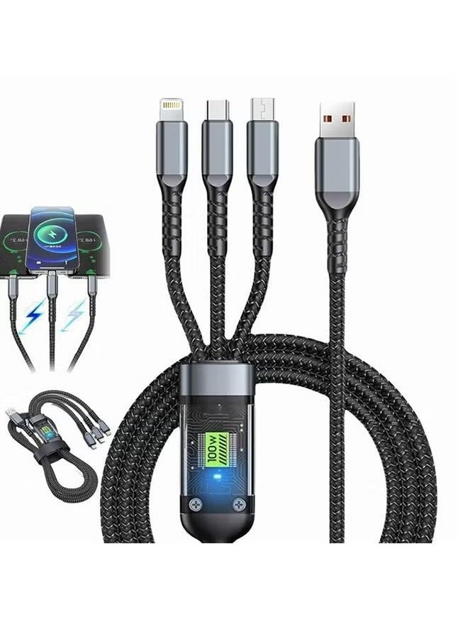 X-level - 100W Fast Charging Cable 3 in 1 USB Data Cables Transparent with LED Indicator Nylon Braided Multiple Charger Adapter Cord with Type C Micro USB Port for Cell Phones Tablets - Image 1