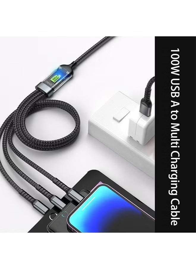 X-level - 100W Fast Charging Cable 3 in 1 USB Data Cables Transparent with LED Indicator Nylon Braided Multiple Charger Adapter Cord with Type C Micro USB Port for Cell Phones Tablets - Image 1