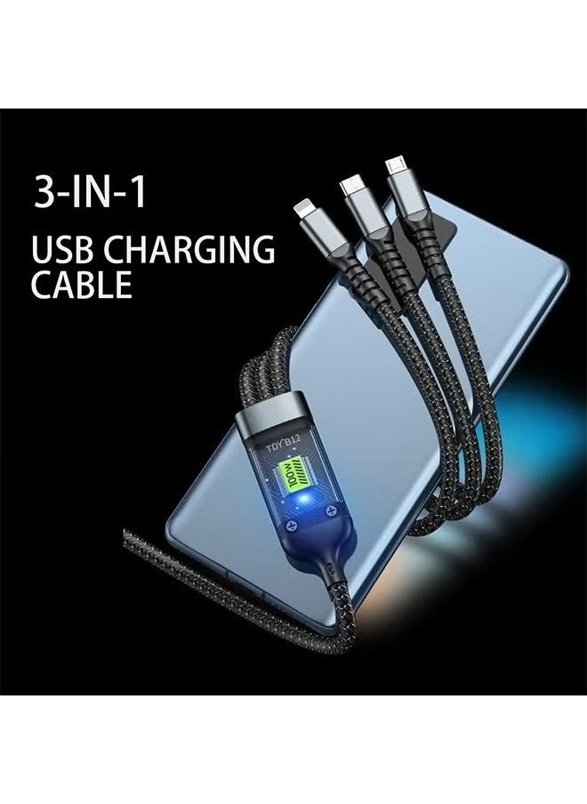 X-level - 100W Fast Charging Cable 3 in 1 USB Data Cables Transparent with LED Indicator Nylon Braided Multiple Charger Adapter Cord with Type C Micro USB Port for Cell Phones Tablets - Image 1