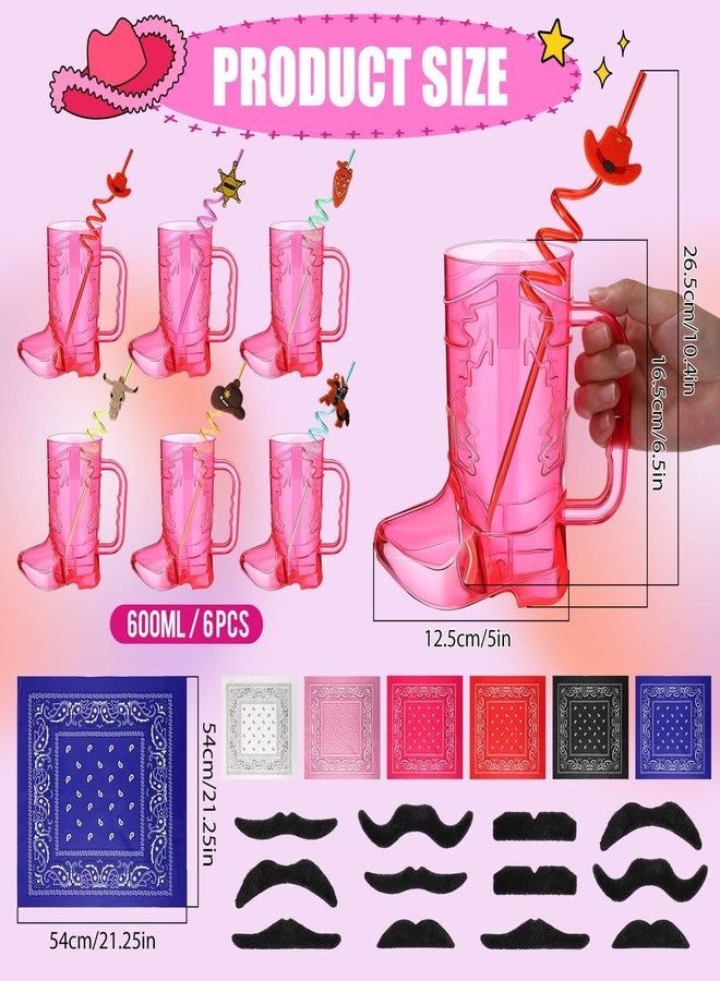 Sliner 30 Pcs Cowboy Party Favors Include 6 20 oz Cowboy Boot Mug Cup 6 Cowgirl Plastic Straws 6 Paisley Bandanas 12 Fake Mustaches for Western Theme Birthday Party Decorations Supplies(Sweet Color) - Image 4