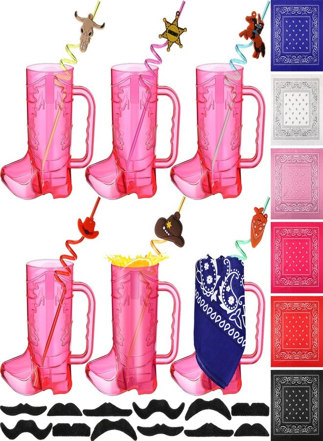 Sliner 30 Pcs Cowboy Party Favors Include 6 20 oz Cowboy Boot Mug Cup 6 Cowgirl Plastic Straws 6 Paisley Bandanas 12 Fake Mustaches for Western Theme Birthday Party Decorations Supplies(Sweet Color) - Image 1
