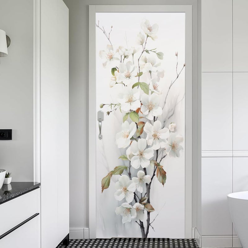 REDAMANCY White Cherry Flowers Tree Peel and Stick Door Vinyl 3D Mural Decals Self-Adhesive, Waterproof, Removable - Image 1