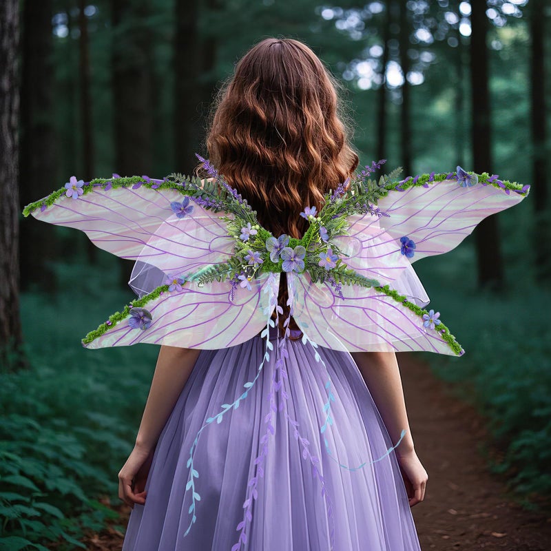RENEMEGO Purple Fairy Wings Adult Women - Butterfly Wings Mother Nature Costume Woodland Elf Wings with Purple Flowers Leaves and Vines for Renaissance Renfaire Party Favor Fantasy Photoshoot Cosplay - Image 2