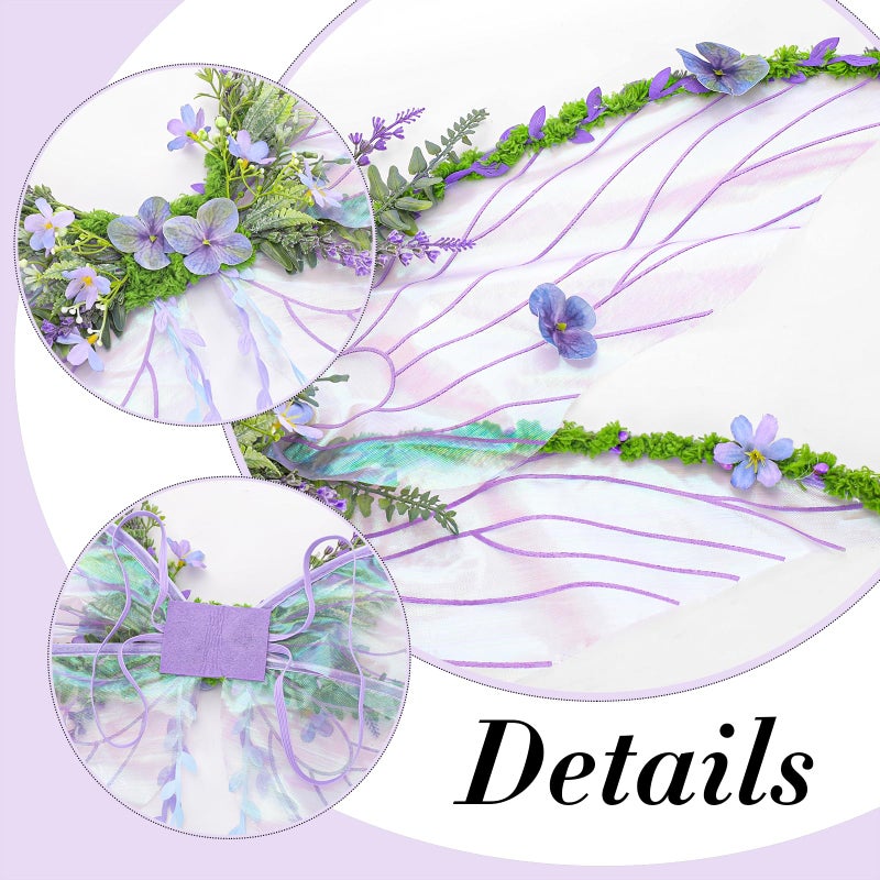 RENEMEGO Purple Fairy Wings Adult Women - Butterfly Wings Mother Nature Costume Woodland Elf Wings with Purple Flowers Leaves and Vines for Renaissance Renfaire Party Favor Fantasy Photoshoot Cosplay - Image 5