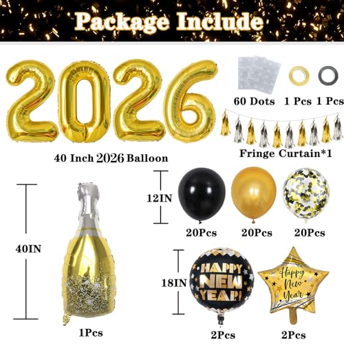 KALOR New Years Eve Party Supplies 2026 Huge 2026 Balloons Black Gold Banner Bottle Goblet Star Balloons Tassels Hanging for New Years Eve Party Decorations - Image 5