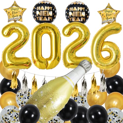 KALOR New Years Eve Party Supplies 2026 Huge 2026 Balloons Black Gold Banner Bottle Goblet Star Balloons Tassels Hanging for New Years Eve Party Decorations - Image 1