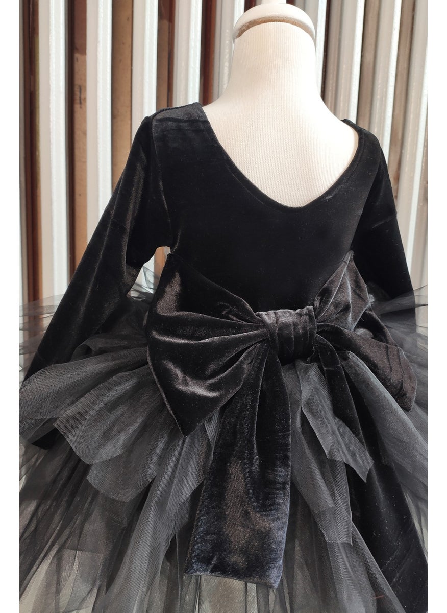 Shecco Babba Girl's Black Velvet Tulle Dress, Long Sleeve Black Bow Birthday Dress, Bandana  - Image 5