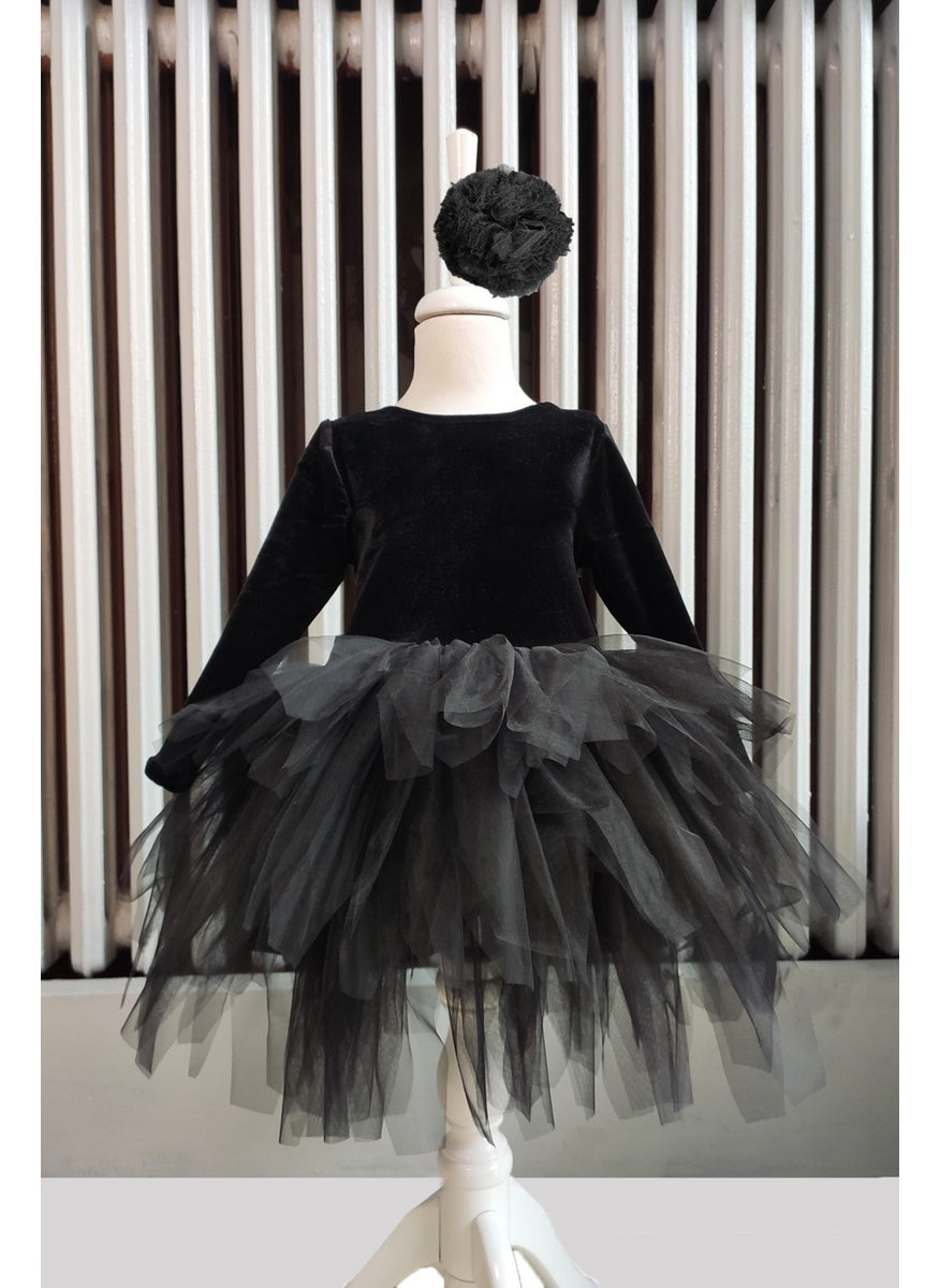 Shecco Babba Girl's Black Velvet Tulle Dress, Long Sleeve Black Bow Birthday Dress, Bandana  - Image 3